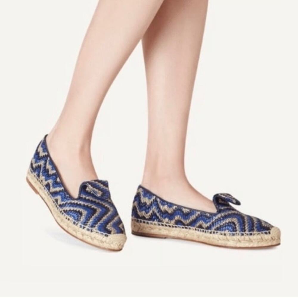 Sarah Flint Andrea Espadrille Loafers Flats Navy Raffia Linen Summer Vacation